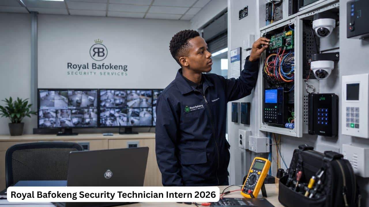 Young South African security technician intern inspecting CCTV and access control systems for the Royal Bafokeng Security Technician Intern opportunity.