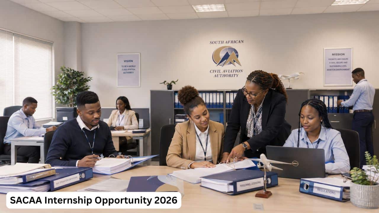 South African graduate interns reviewing administration documents in a professional aviation regulatory office.