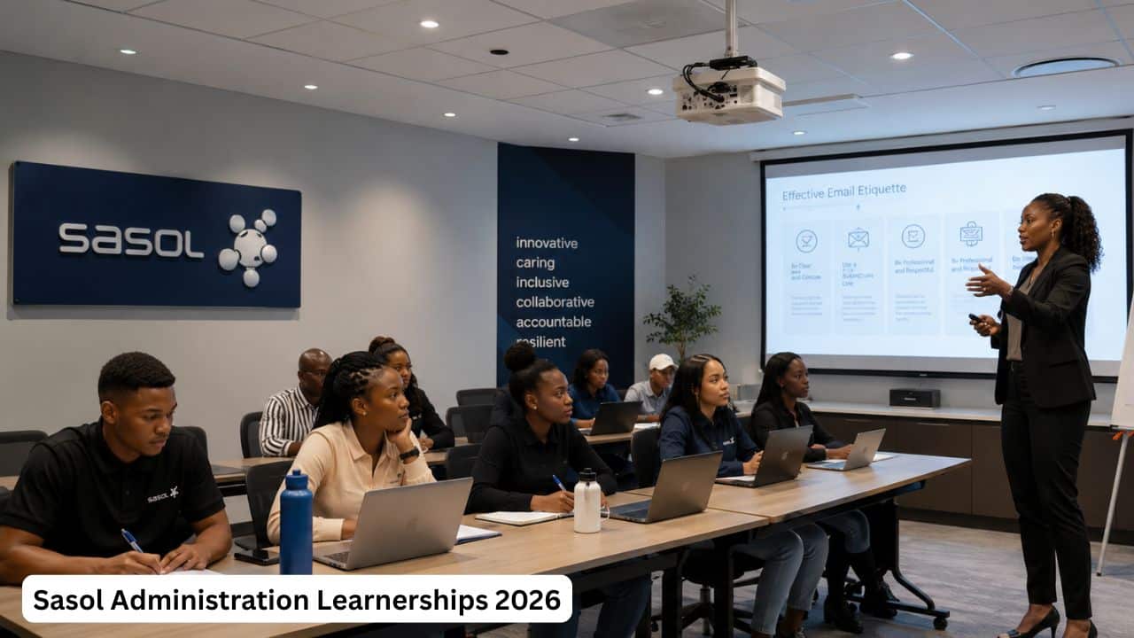 Young South African learners attending a Sasol administration learnership training session.