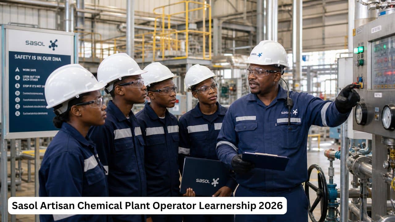 South African learners participating in the Sasol Artisan Chemical Plant Operator Learnership 2026 in a chemical plant training environment.