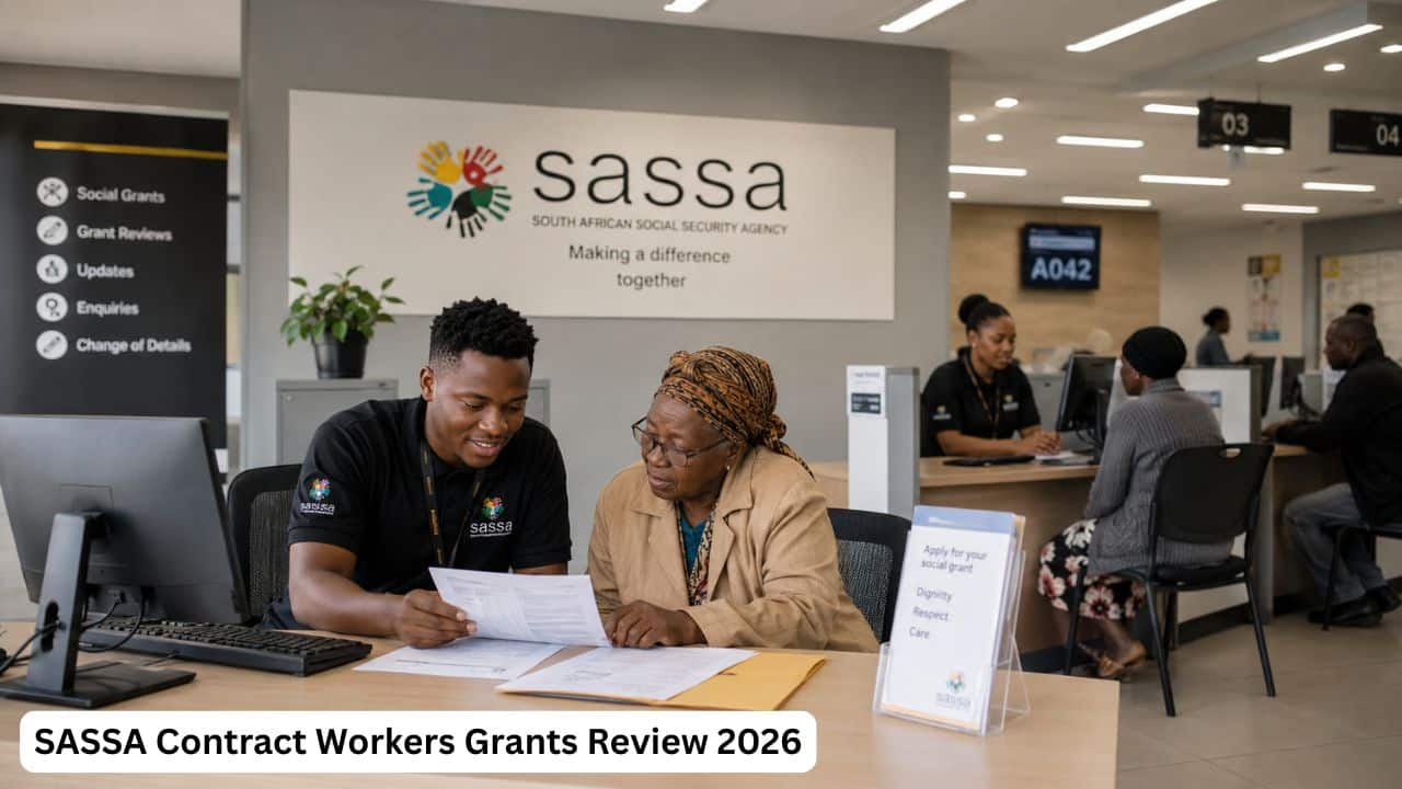 Young South African contract workers assisting beneficiaries with grants review documents at a SASSA service centre.