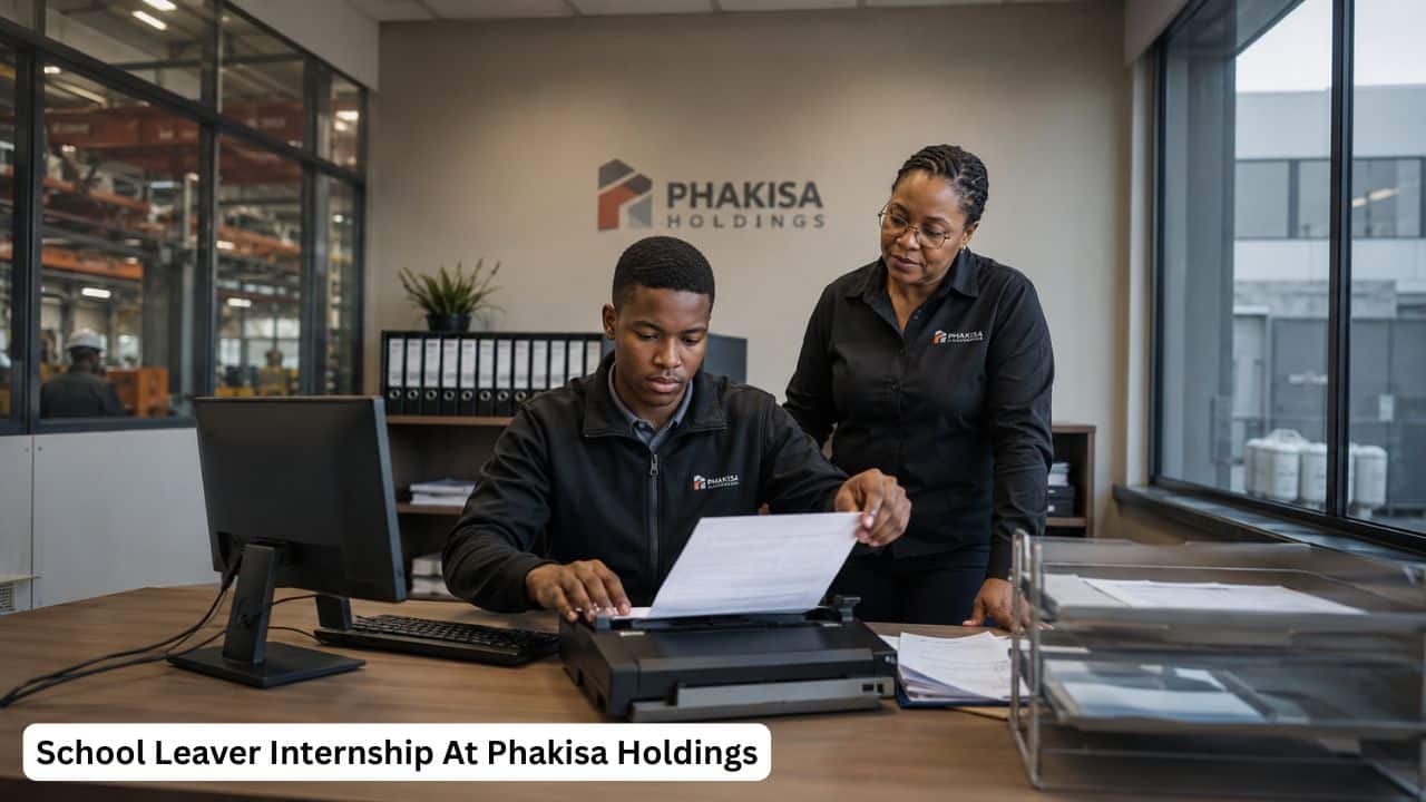 Young South African school leaver gaining administrative workplace experience in a manufacturing office.