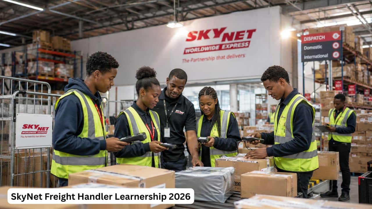 Young South African learners training in freight handling at a SkyNet logistics warehouse