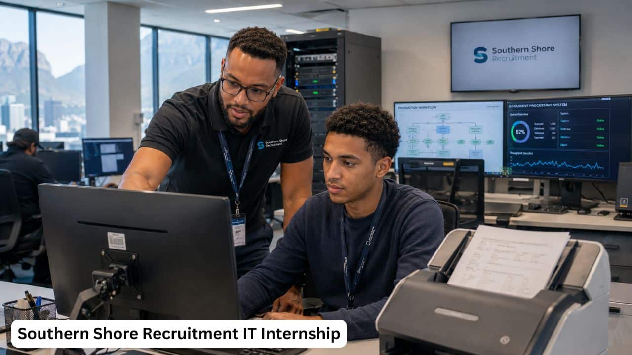 Young South African Junior IT Intern receiving Linux and systems support training in a production environment.