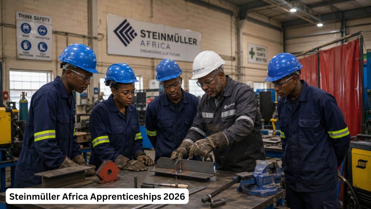 Young South African apprenticeship candidates receiving boilermaking and welding training in an industrial workshop.