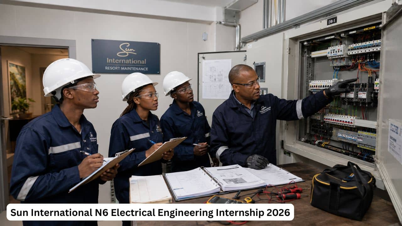Young South African Electrical Engineering interns receiving workplace training for the Sun International N6 internship at Wild Coast Sun.