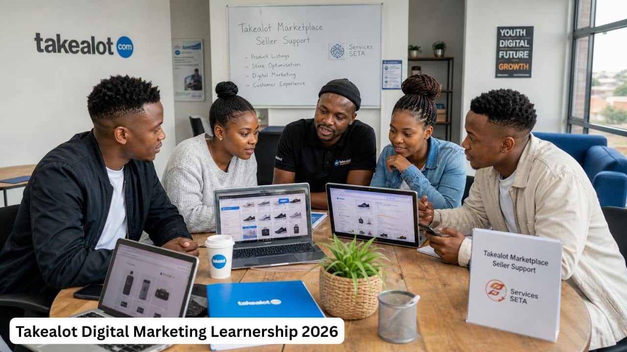 Young South Africans participating in the Takealot Digital Marketing Learnership 2026 and learning e-commerce skills.