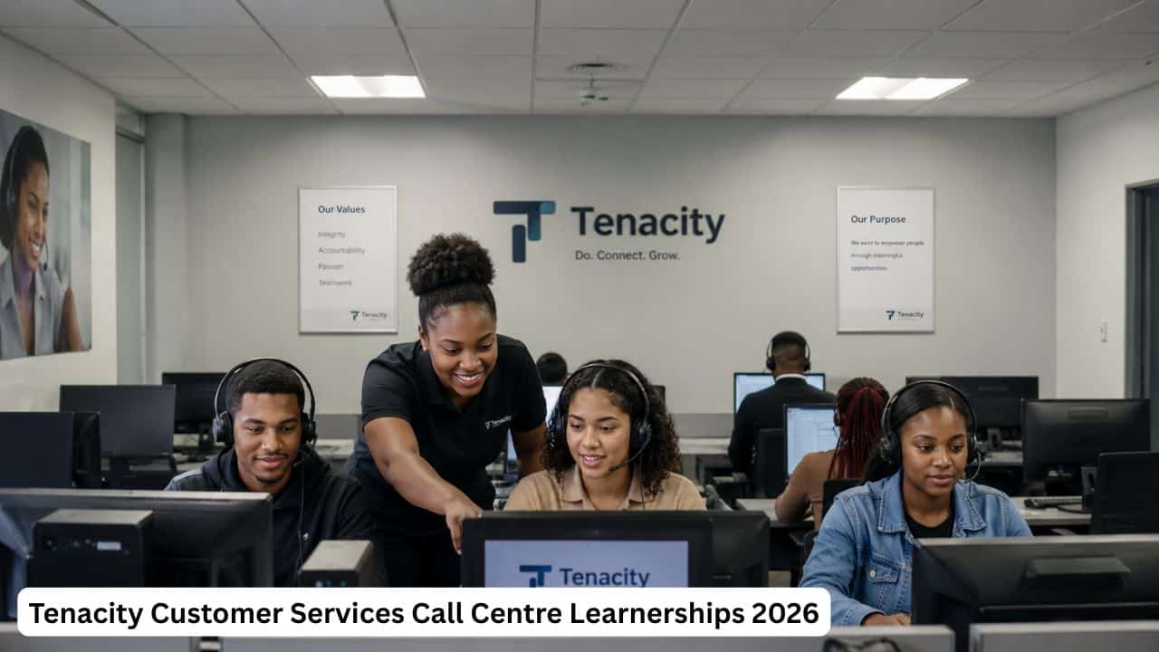 Young South African call centre learners receiving customer services training in a professional contact centre.