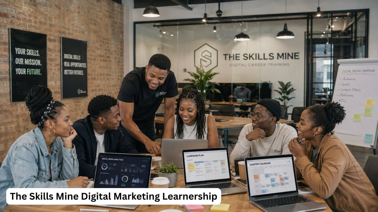 Young South African digital marketing learners working on campaign ideas and content plans during a learnership.