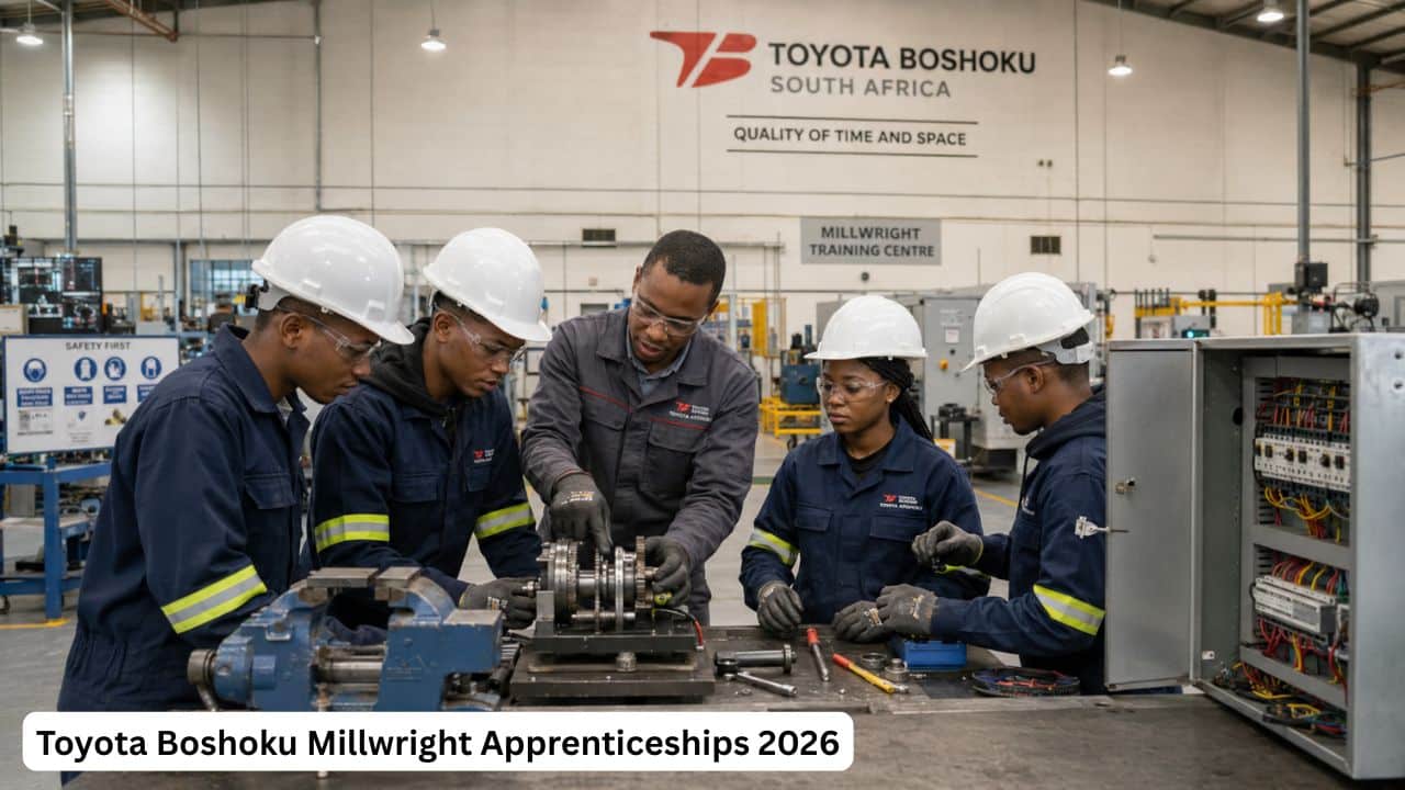 Young South African millwright apprentices receiving mechanical and electrical training in an automotive manufacturing workshop