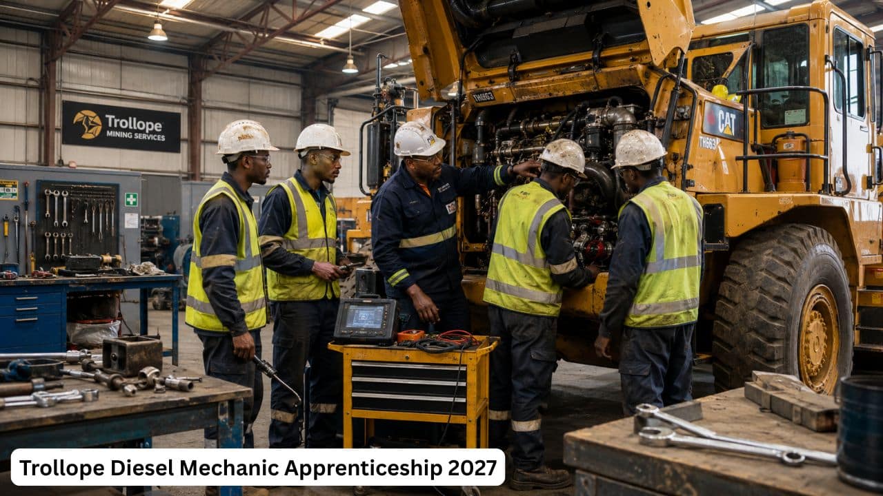 Young South African apprentice diesel mechanics receiving heavy equipment training in a mining workshop
