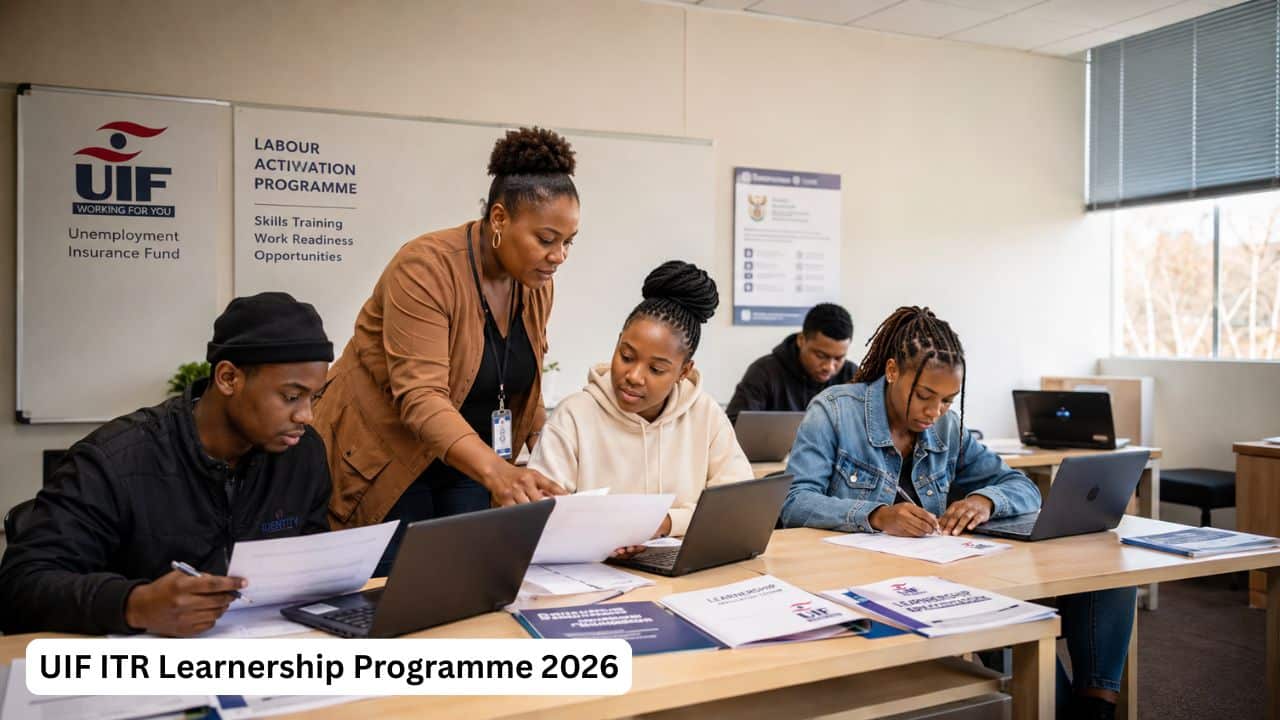Young South African learners preparing documents for the UIF ITR Learnership Programme 2026.