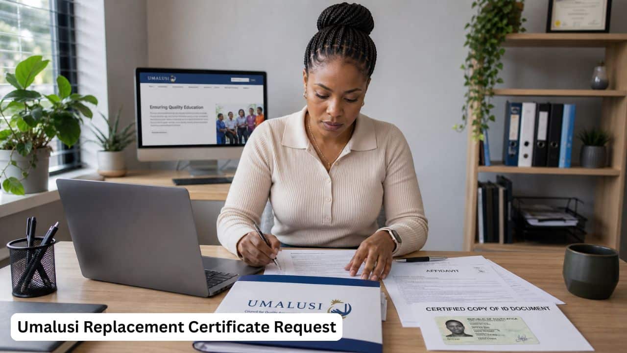 South African applicant preparing documents online for a lost or damaged Umalusi replacement certificate request.