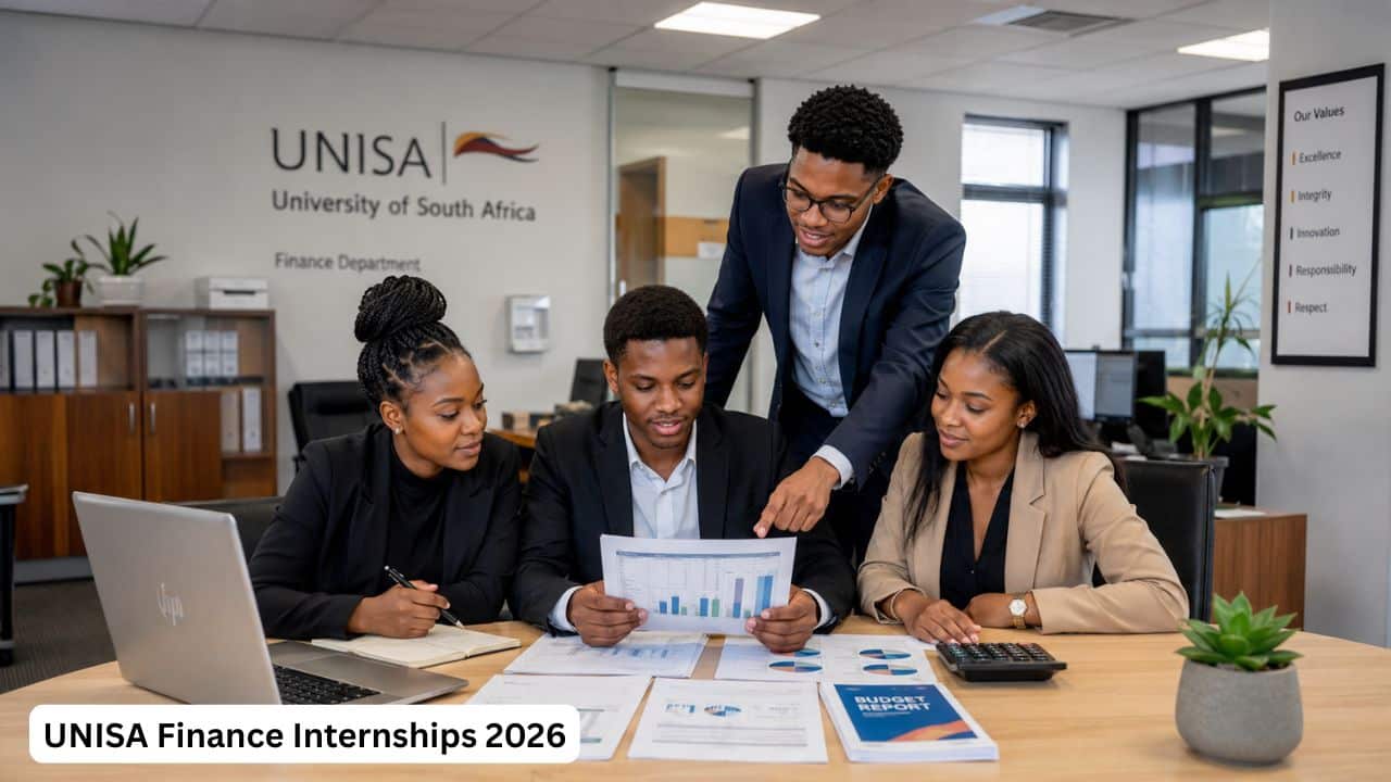 Young South African graduates reviewing finance documents during a UNISA internship programme.