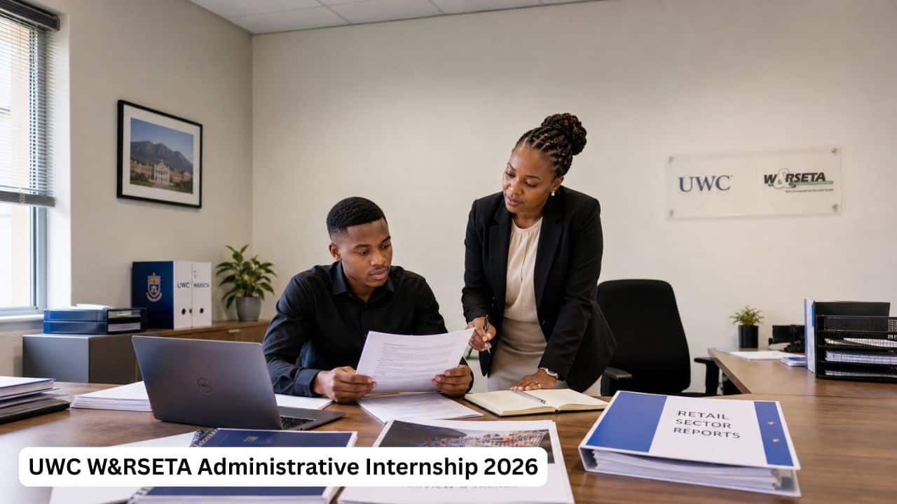 Young South African administrative intern gaining workplace experience in a university office environment.