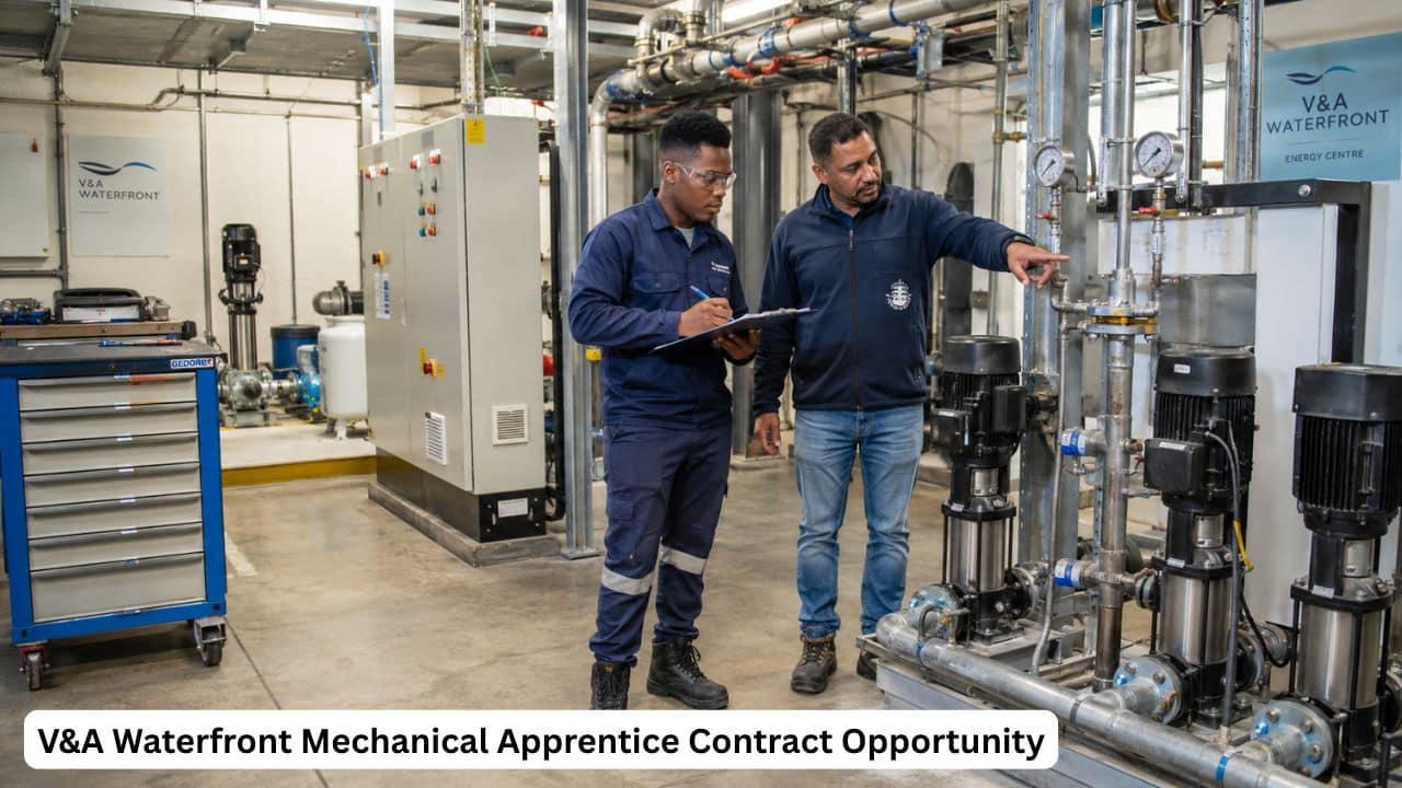 Young mechanical apprentice inspecting HVAC and pump equipment in a commercial maintenance environment.