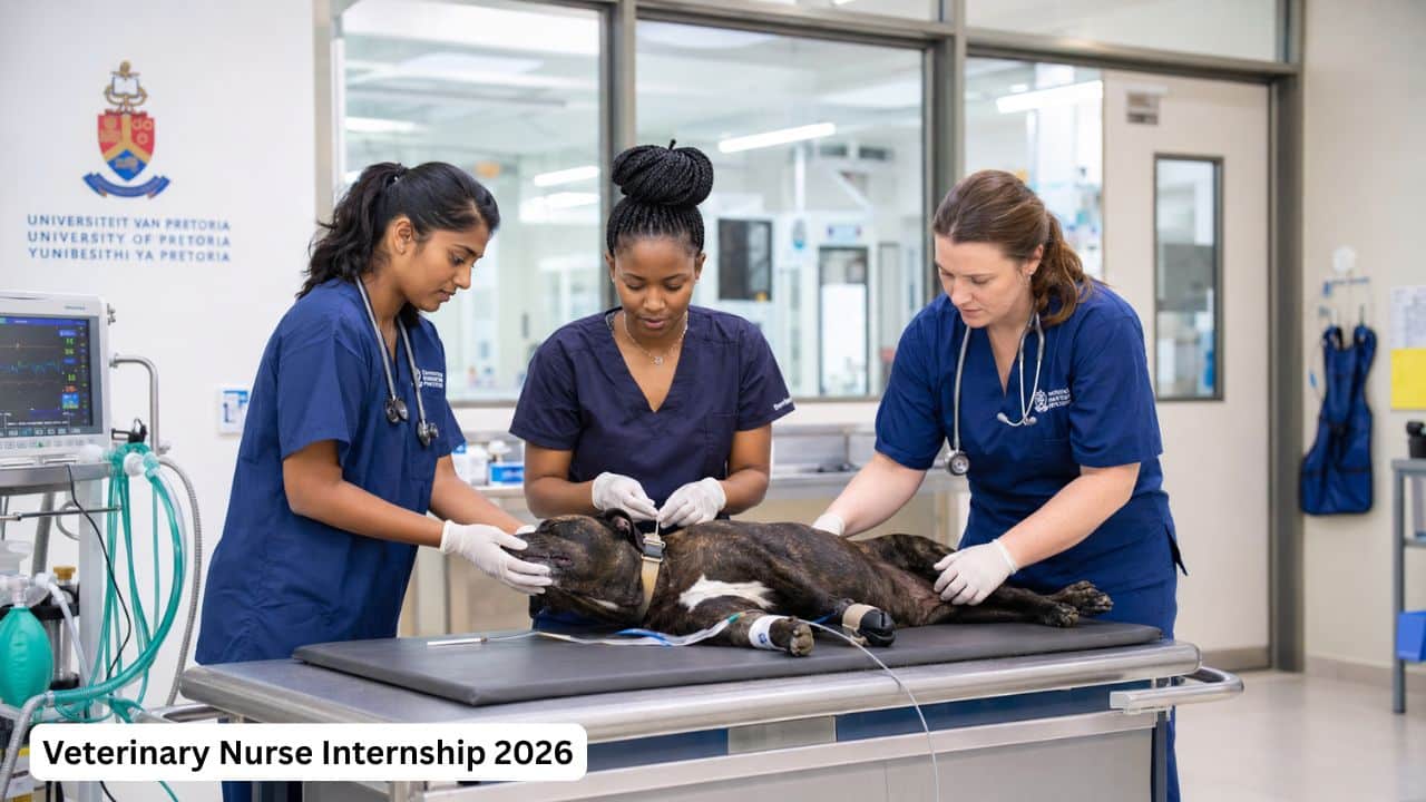 Young South African veterinary nurse intern assisting with animal patient care inside a veterinary academic hospital.