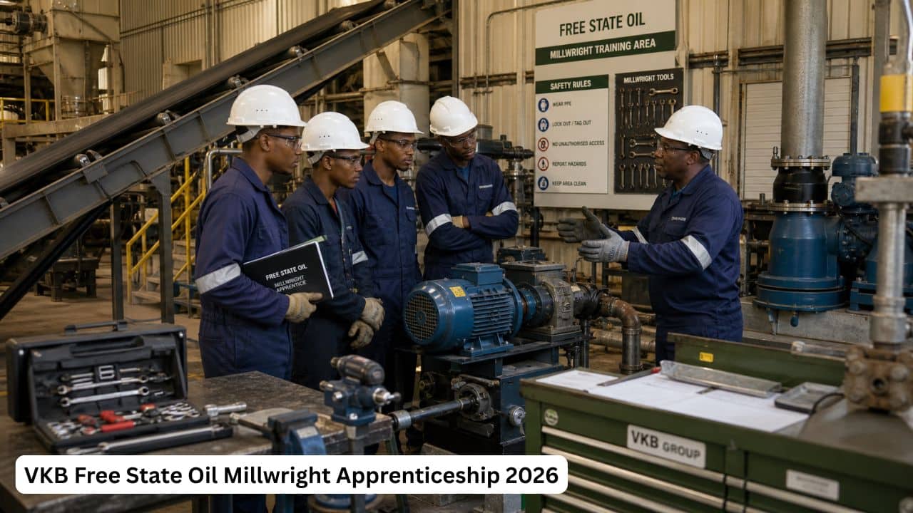 Young South African apprentices receiving millwright training in an industrial agricultural processing workshop.