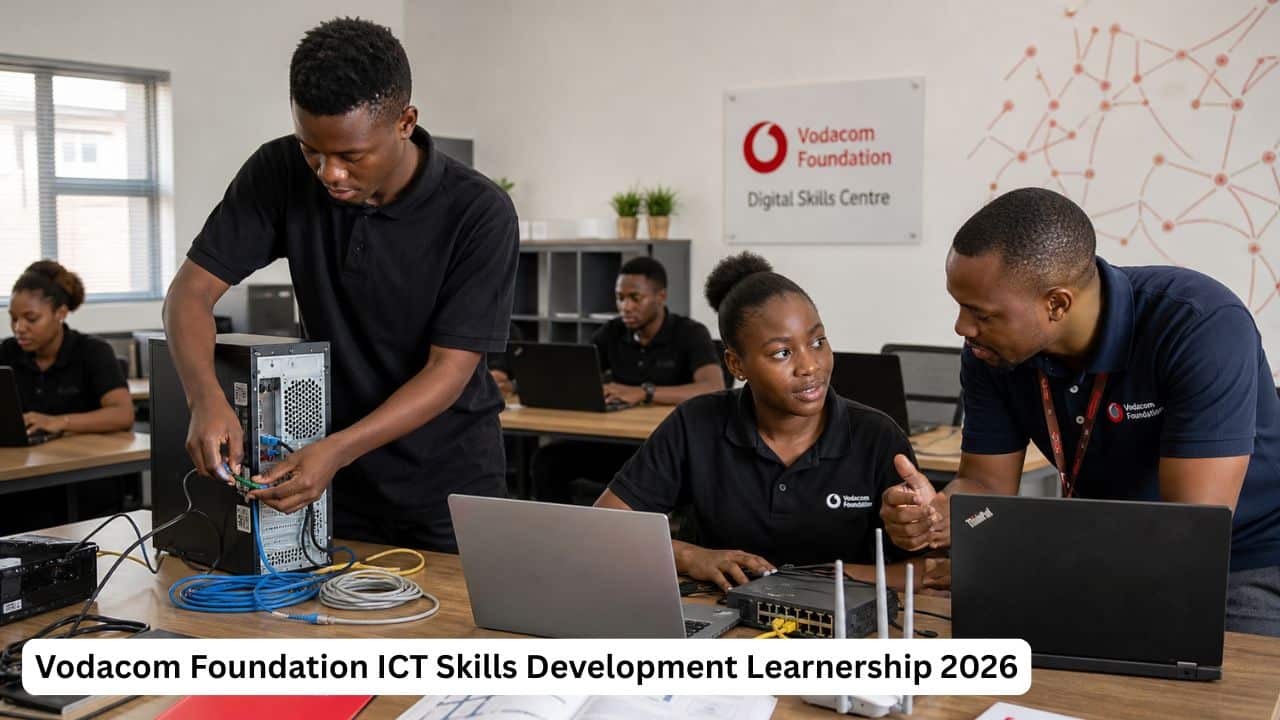 Young South African learners receiving ICT skills development training at a community technology centre.
