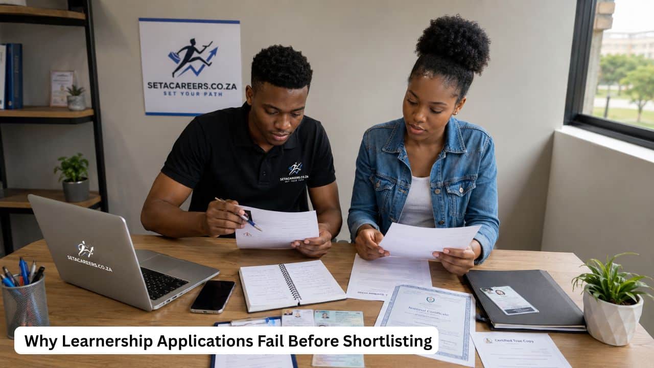 Young South African applicants preparing learnership documents before submitting applications