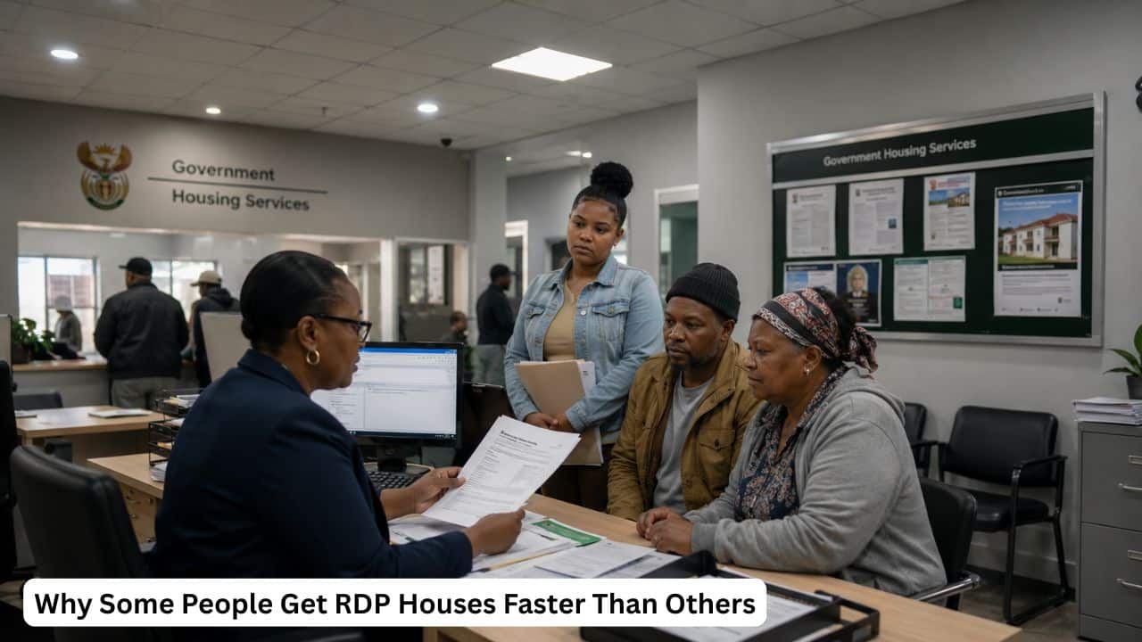 South African residents checking RDP housing application documents at a municipal housing office