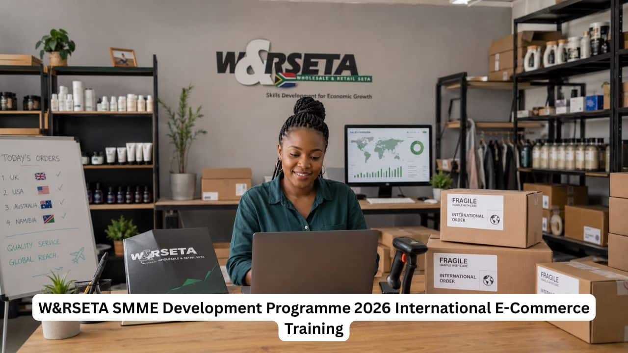 Young South African business owner managing international e-commerce orders in a retail stockroom for W&RSETA SMME training.