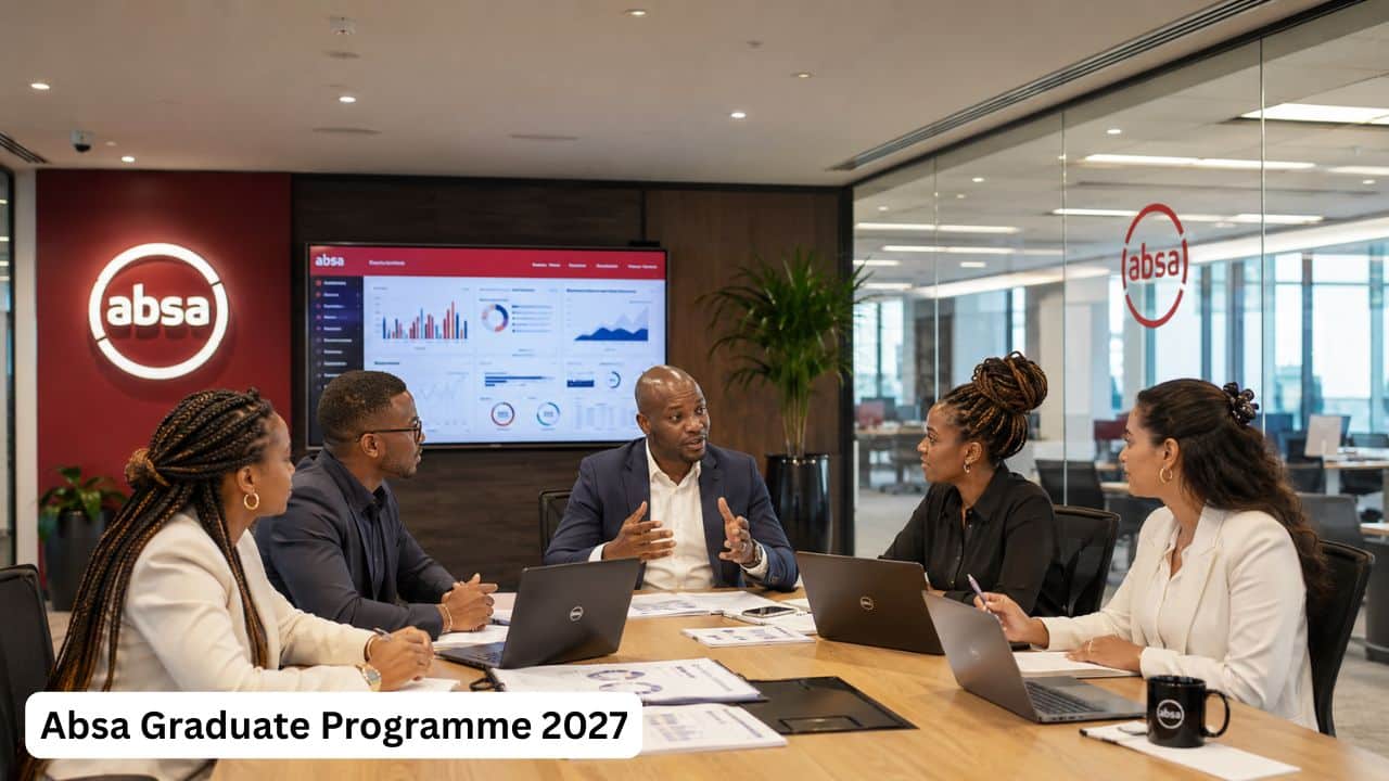 Young South African graduates participating in an Absa graduate programme discussion in a modern banking office.