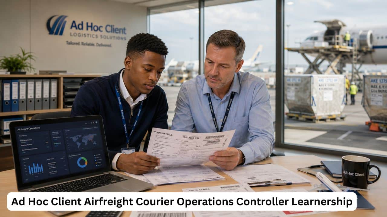 Young South African logistics learner receiving airfreight operations training in a professional freight forwarding office