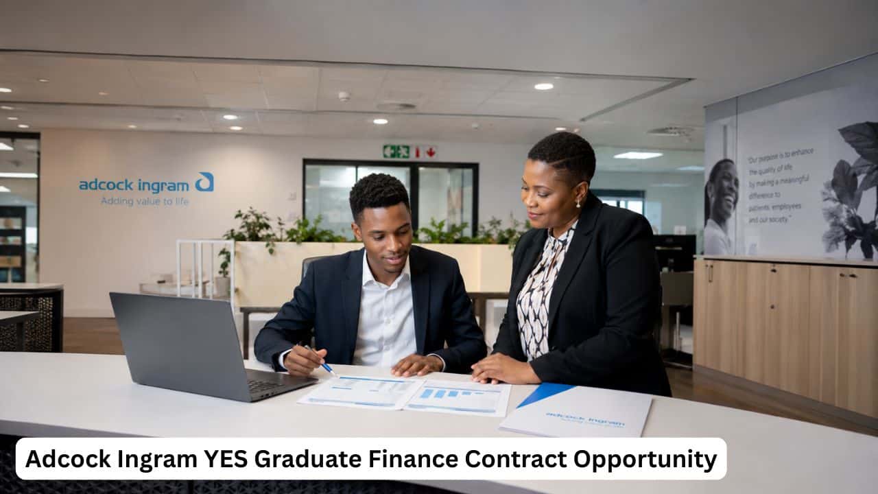 Young South African finance graduate receiving workplace guidance during an Adcock Ingram YES Graduate Finance contract.