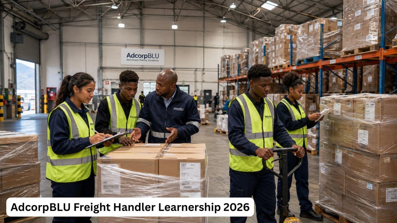 Young South African freight handler learners inspecting cargo and moving goods during an AdcorpBLU learnership.