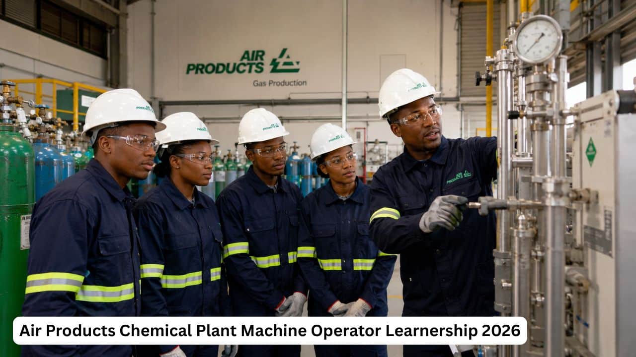 Young South African learners receiving chemical plant machine operator training inside an industrial gas facility