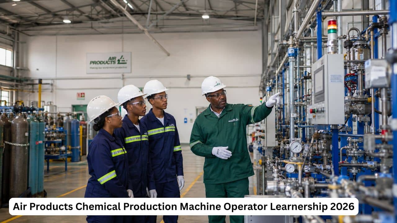 Young South African learners receiving chemical production machine operator training in a manufacturing facility