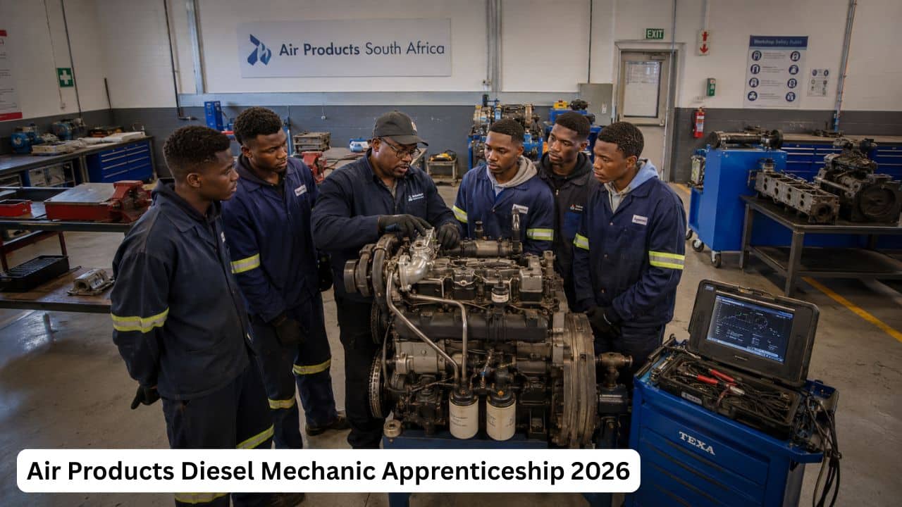 South African diesel mechanic apprentices receiving technical workshop training at Air Products.