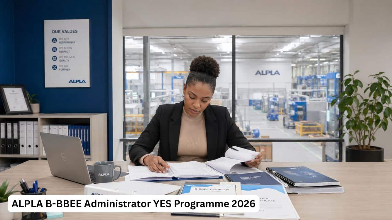 Young South African professional reviewing B-BBEE administration documents in an ALPLA plant office
