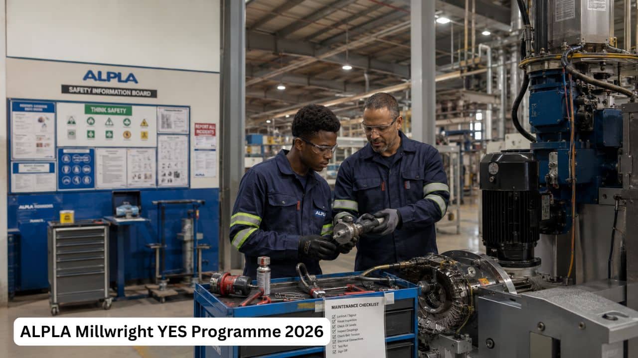 Young South African millwright trainee learning plant maintenance during the ALPLA YES Programme