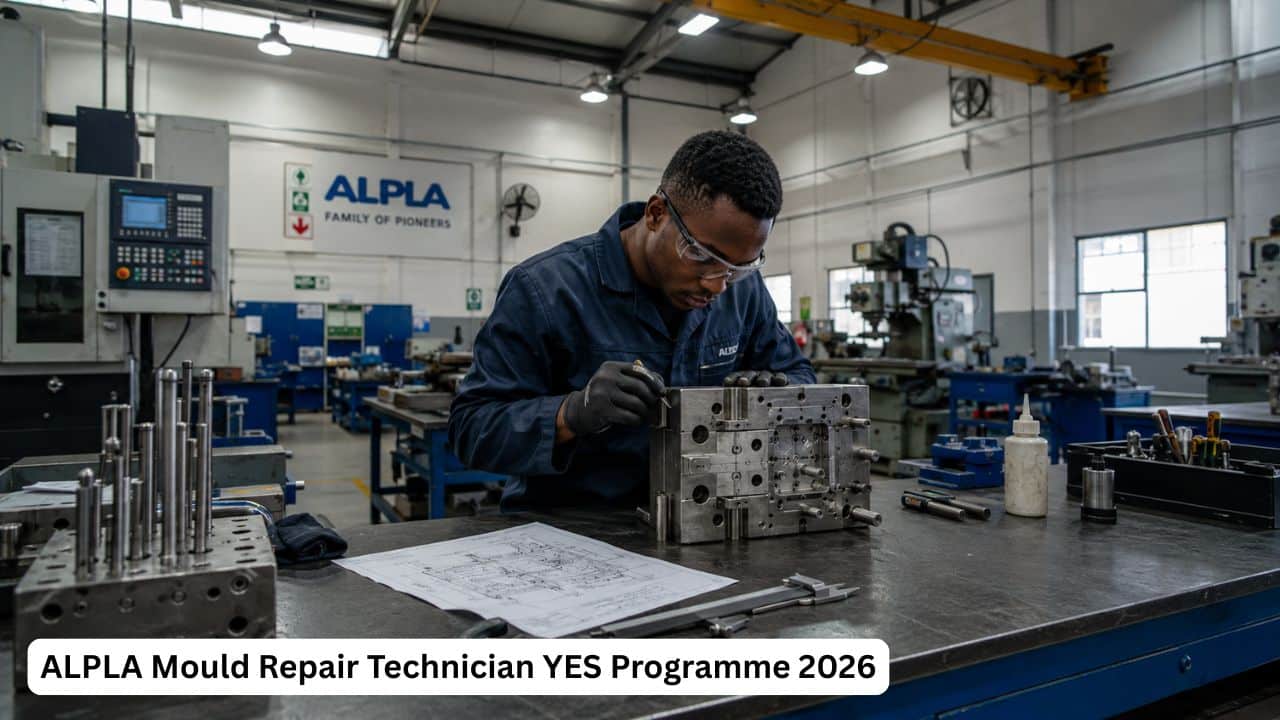 Young South African mould repair technician inspecting a mould component inside an ALPLA manufacturing workshop