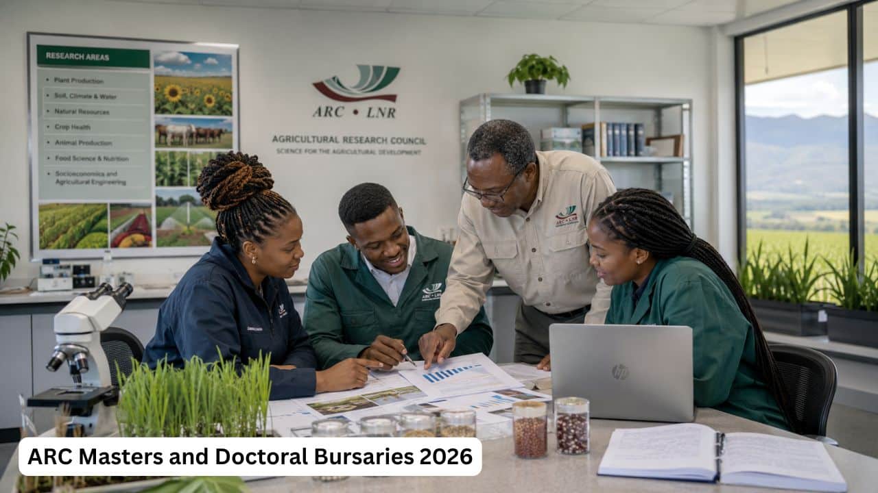 Young South African postgraduate researchers reviewing agricultural research documents for ARC bursary opportunities.