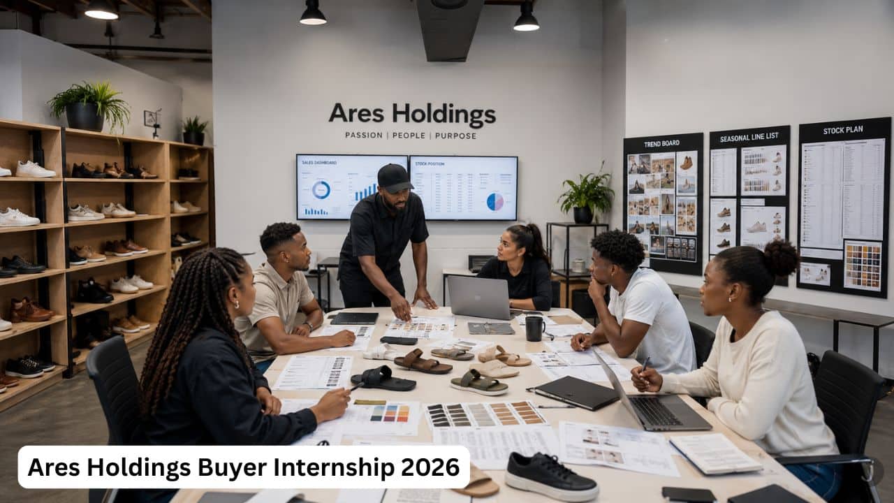 Young South African interns reviewing retail sales data and product samples during the Ares Holdings Buyer Internship 2026.