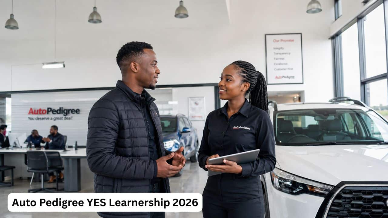 Young South Africans participating in the Auto Pedigree YES Learnership 2026 in an automotive retail workplace.