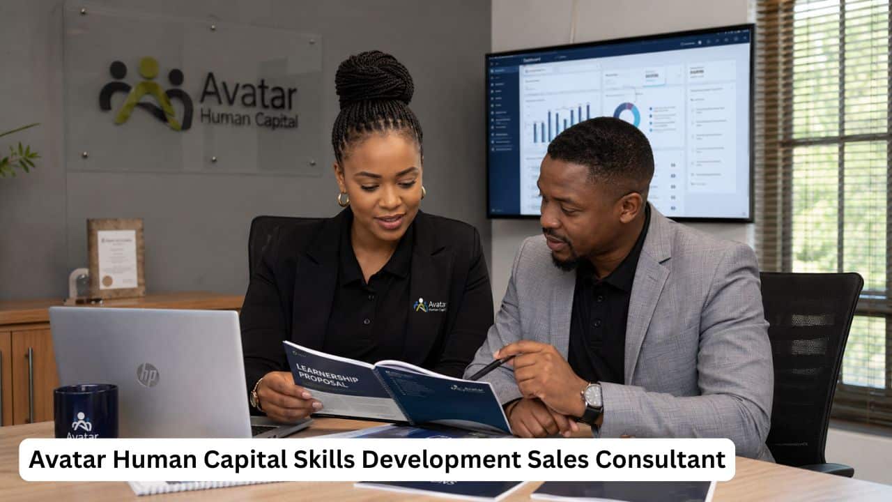 South African sales consultant reviewing learnership and ICT training proposals inside a corporate training office.