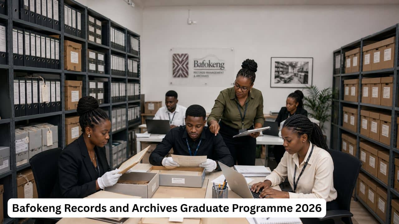 Young South African graduates sorting records and archive documents during a Bafokeng graduate programme.