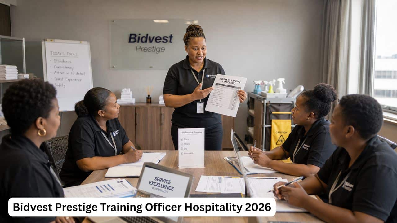 South African hospitality training officer leading a staff training session with service quality and operations documents.