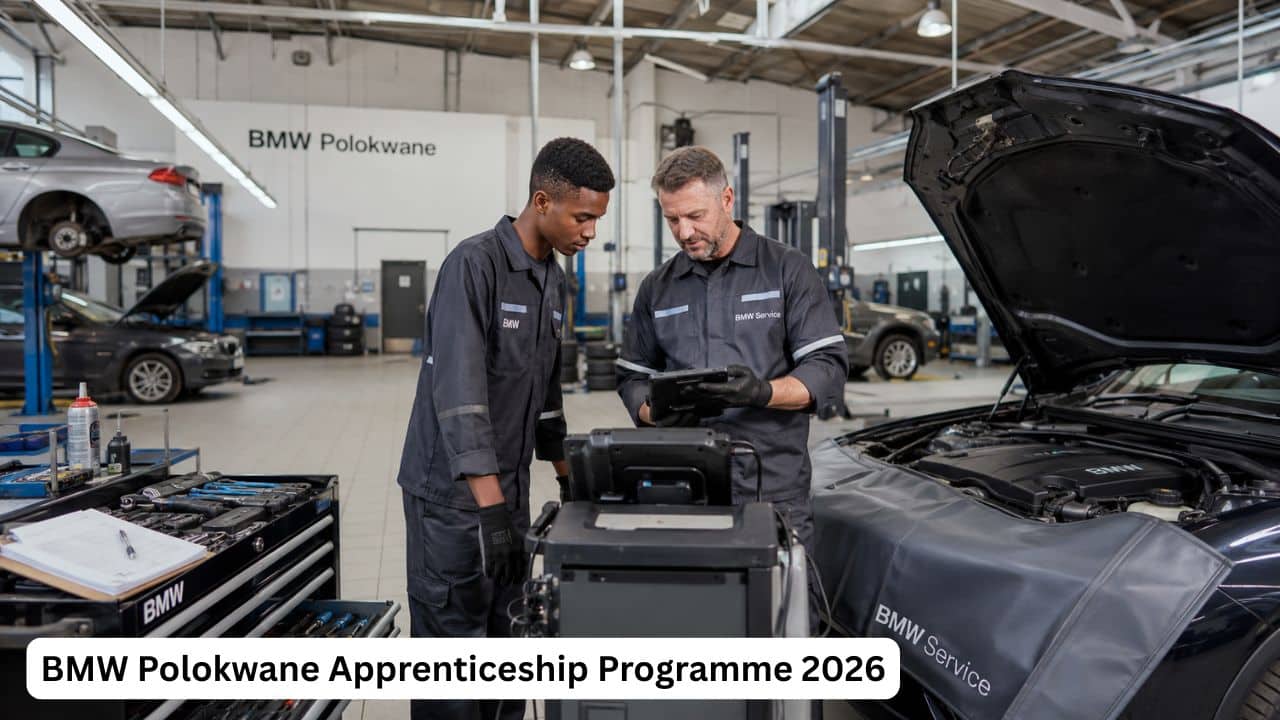 Young South African automotive apprentice assisting a technician with vehicle servicing inside a BMW workshop.