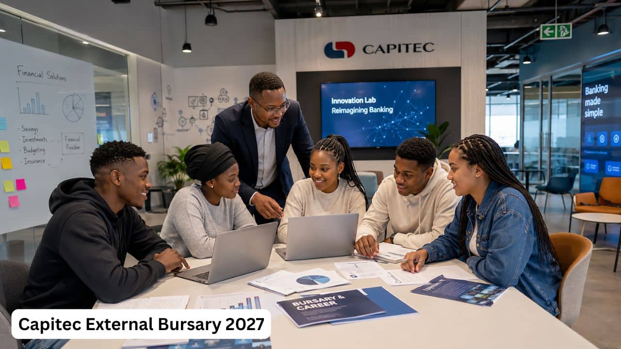 Young South African students reviewing finance and technology study materials for the Capitec External Bursary 2027.