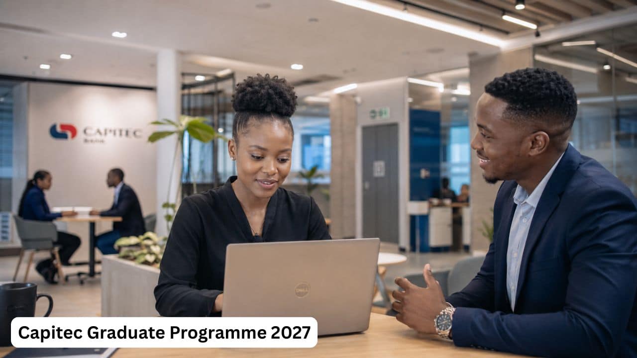 Young South African graduates preparing for the Capitec Graduate Programme 2027 in a modern banking office.