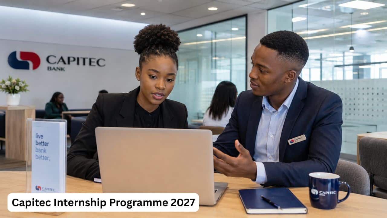Young South African graduates preparing for the Capitec Internship Programme 2027 in a modern banking office.