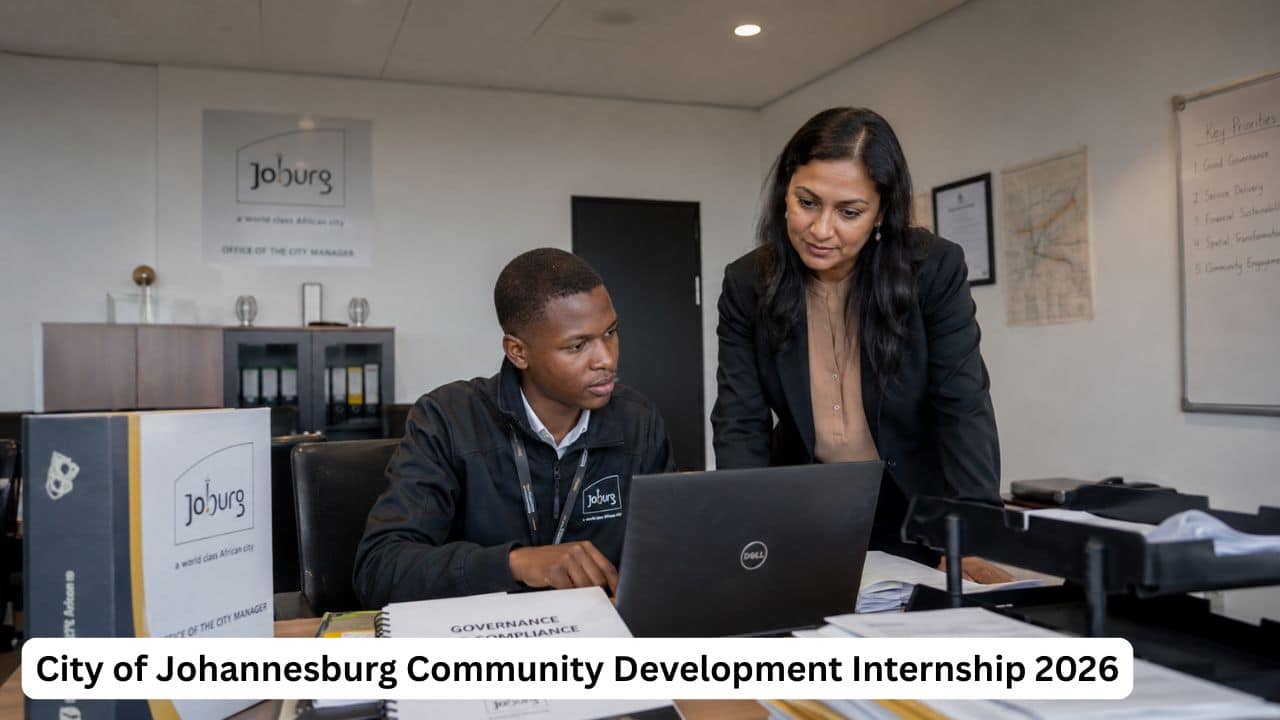 Young South African municipal intern reviewing governance and compliance documents during a City of Johannesburg internship.