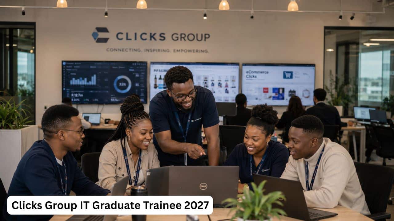 Clicks Group IT graduate trainees working with a mentor in a corporate technology environment