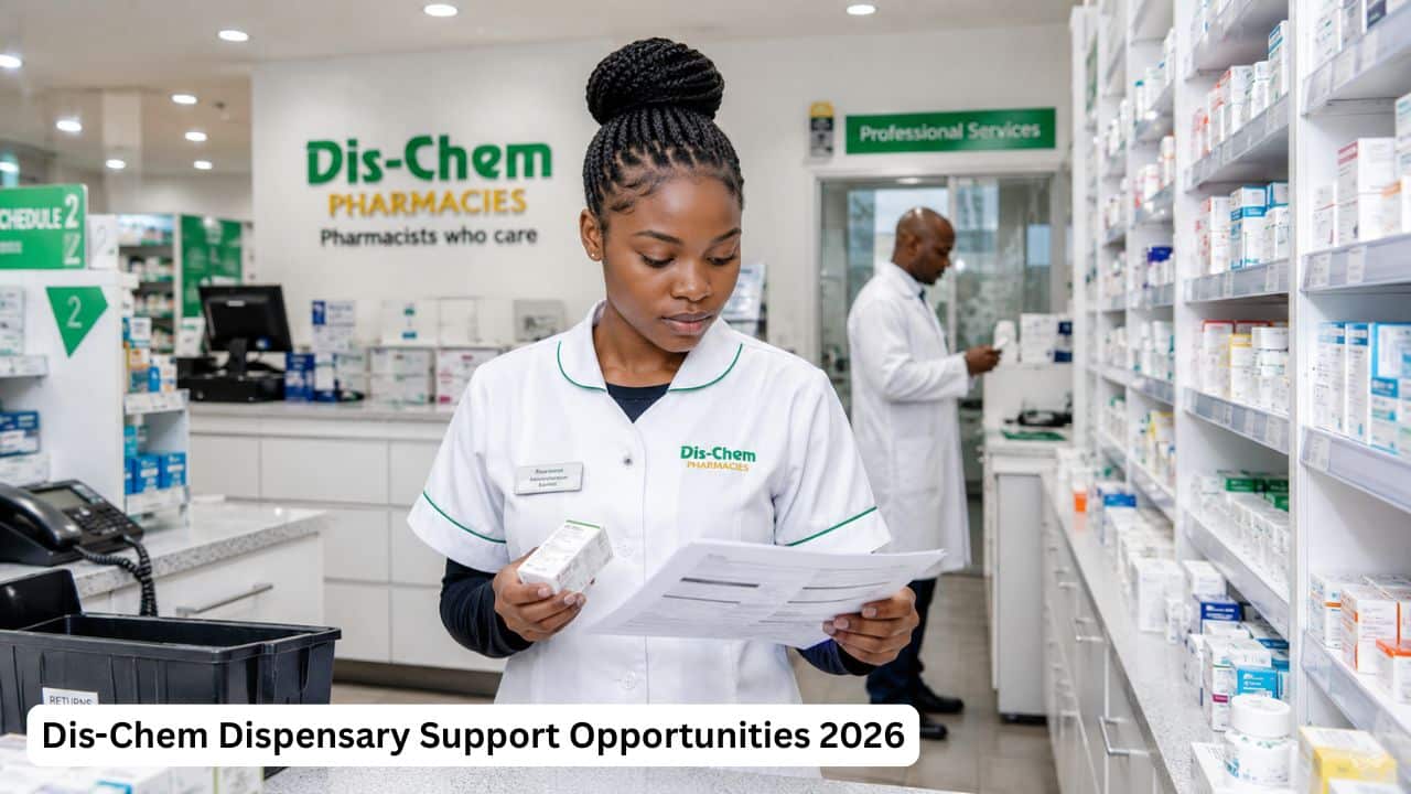 Young South African pharmacy support learner working in a modern Dis-Chem dispensary environment