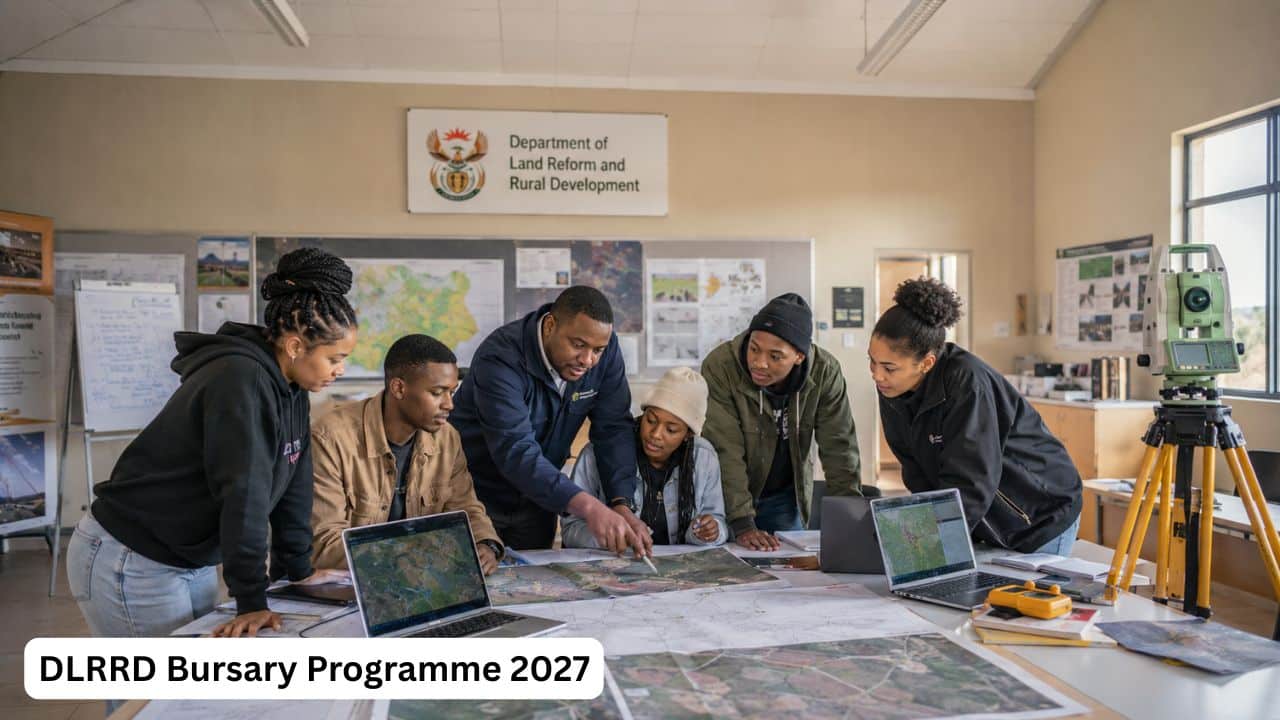 Young South African students reviewing surveying and GIS documents for the DLRRD Bursary Programme 2027.